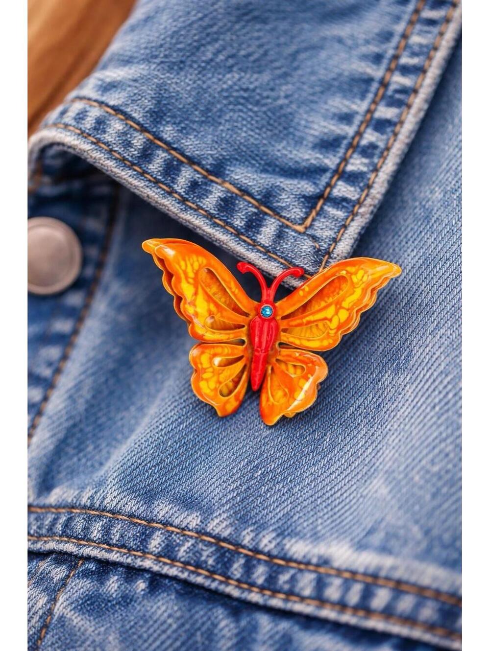Unique Colorful Vintage Enamel Butterfly Flower Brooch Pin Bright Orange Yellow